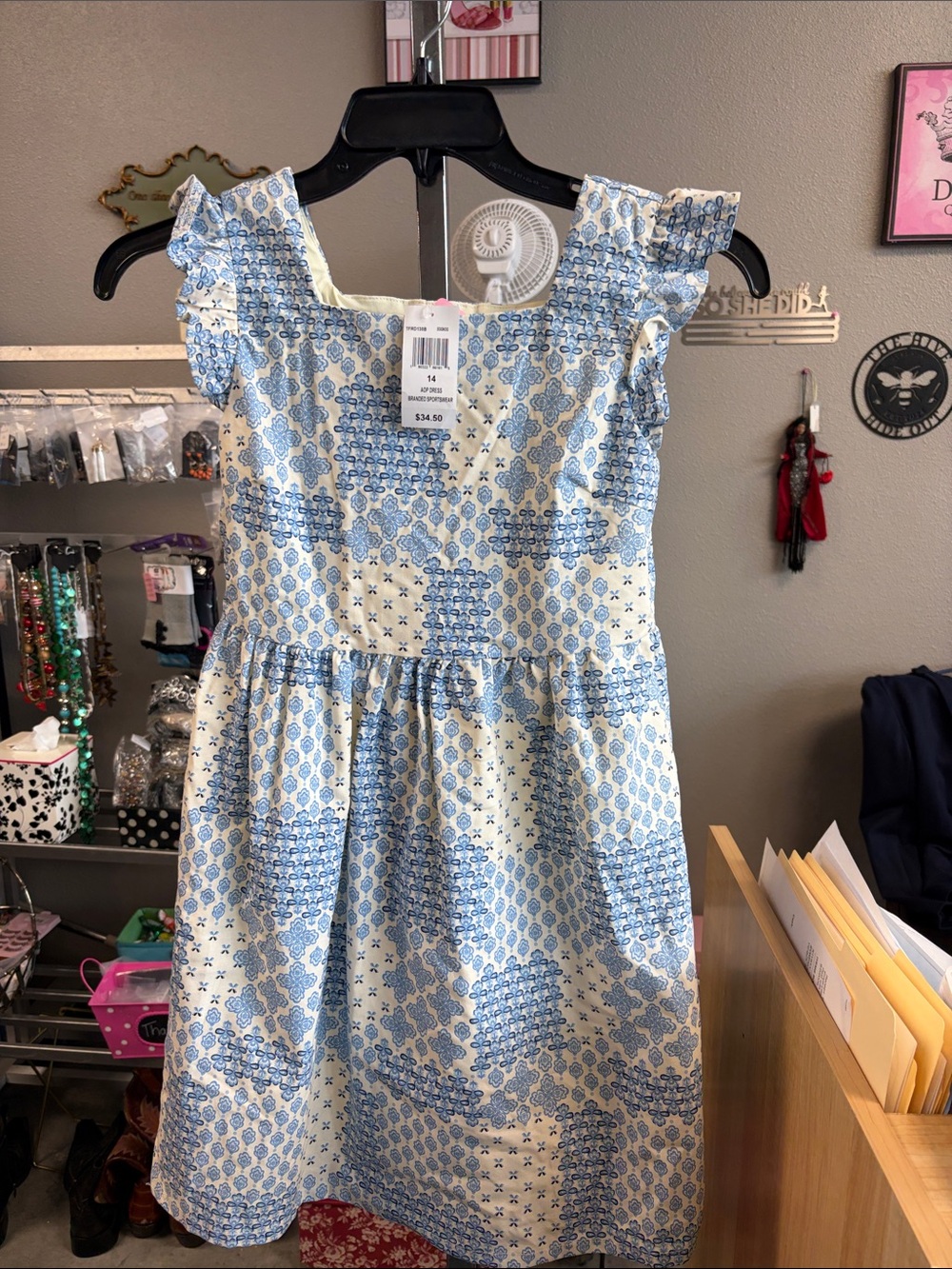 Derek Heart Blue & White Patchwork Flutter-Sleeve Dress V7C18H